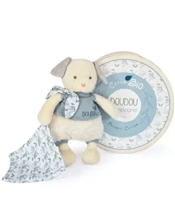 Doudou et Compagnie Chien peluche beige avec mouchoir bleu en coton BIO - 22 cm><noscript><img width=