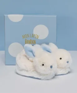 Doudou et Compagnie Coffret cadeau naissance chaussons lapin bleu avec hochet - 0/6 mois> Chaussons