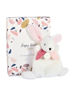 Doudou et Compagnie Coffret Mini Doudou Lapin Vieux rose - Happy Boho - 17 cm> Petit Format|Doudou Plat