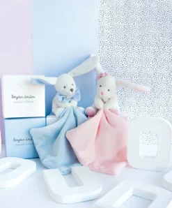 Doudou et Compagnie Doudou mouchoir lapin bleu - 10 cm - Boite fleur><noscript><img width=