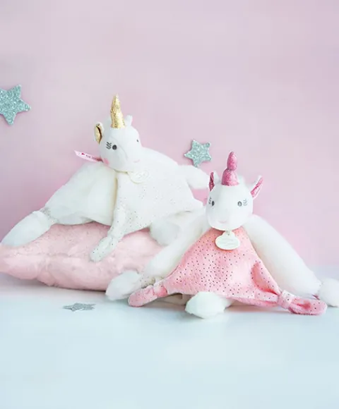 Doudou et Compagnie Doudou plat Licorne rose - 22 cm> Doudou Plat