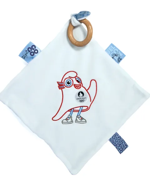 Doudou et Compagnie Doudou plat mascotte jeux olympiques paris 2024 avec anneau en bois - 25 cm> Doudou Plat