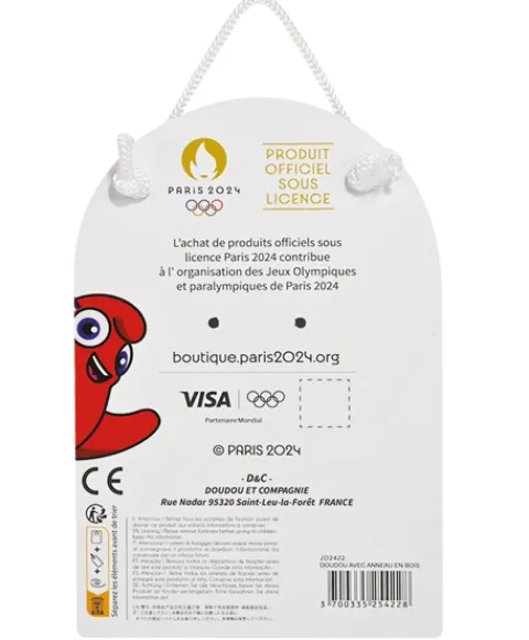 Doudou et Compagnie Doudou plat mascotte jeux olympiques paris 2024 avec anneau en bois - 25 cm> Doudou Plat