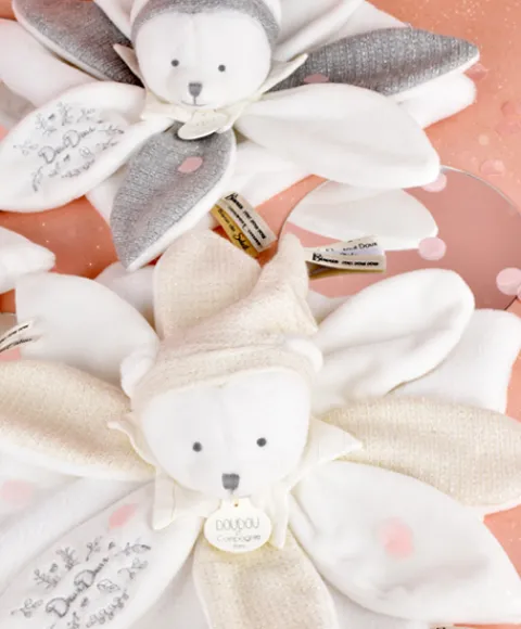 Doudou et Compagnie Doudou plat pétales Ours Gris - 25 cm - Collection Anniversaire> Doudou Plat
