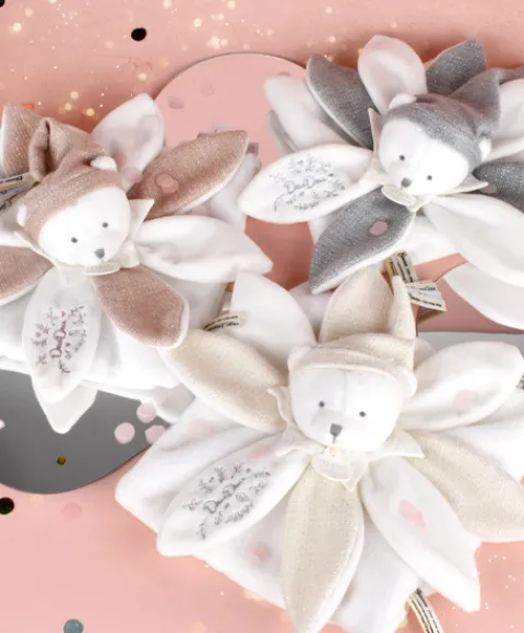 Doudou et Compagnie Doudou plat pétales Ours Gris - 25 cm - Collection Anniversaire> Doudou Plat