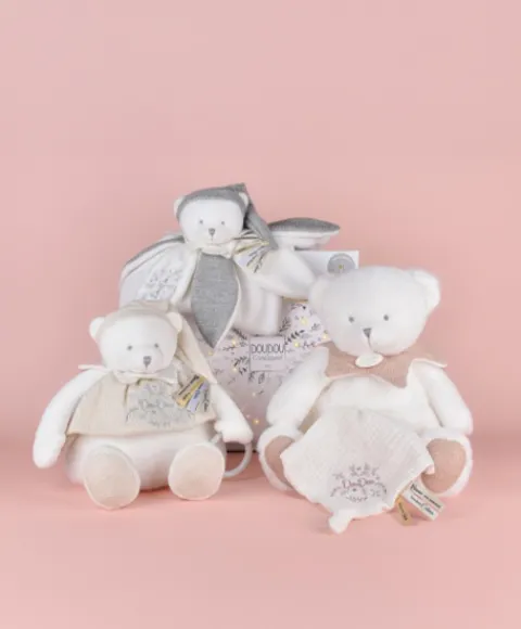 Doudou et Compagnie Doudou plat pétales Ours Gris - 25 cm - Collection Anniversaire> Doudou Plat