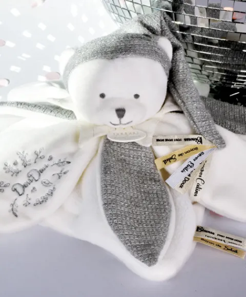 Doudou et Compagnie Doudou plat pétales Ours Gris - 25 cm - Collection Anniversaire> Doudou Plat