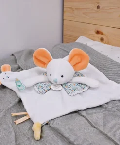 Doudou et Compagnie Doudou plat souris blanc avec marionnette à doigt - 30 cm> Doudou Plat|Marionnettes