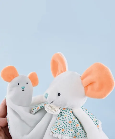 Doudou et Compagnie Doudou plat souris blanc avec marionnette à doigt - 30 cm> Doudou Plat|Marionnettes