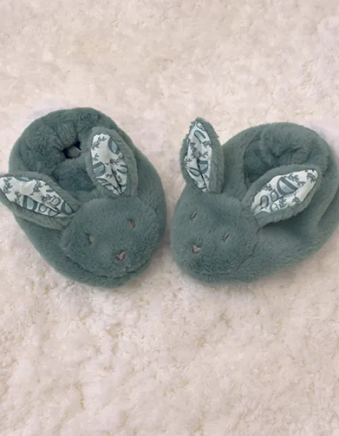 Doudou et Compagnie Lapin Doudou - Coffret cadeau Chaussons et Doudou Vert Sauge 15 cm> Petit Format|Doudou Plat