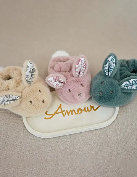 Doudou et Compagnie Lapin Doudou - Coffret cadeau Chaussons et Doudou Vert Sauge 15 cm> Petit Format|Doudou Plat