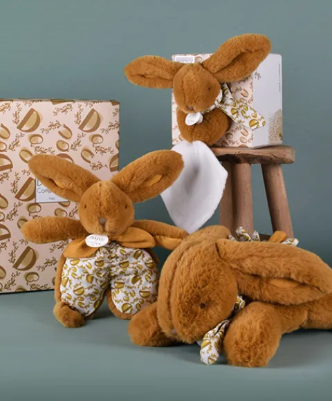 Doudou et Compagnie Lapin DOUDOU® - Peluche lapin jaune moutarde avec doudou assorti - 16 cm> Doudou Mouchoir|Petit Format