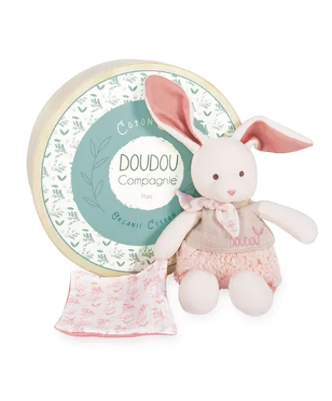 Doudou et Compagnie Lapin peluche écrue avec mouchoir rose en coton BIO - 22 cm> Doudou Mouchoir|Doudous En Coton Bio