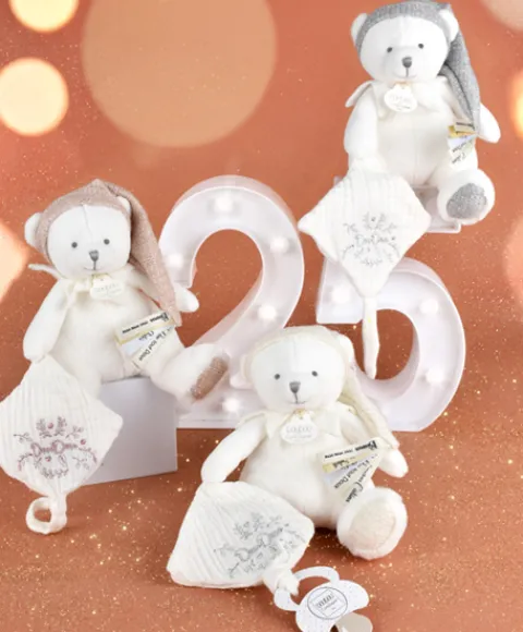 Doudou et Compagnie Ours en peluche Blanc attache-sucette - 20 cm - Collection Anniversaire> Doudou Attache-Sucette|Peluche Avec Doudou