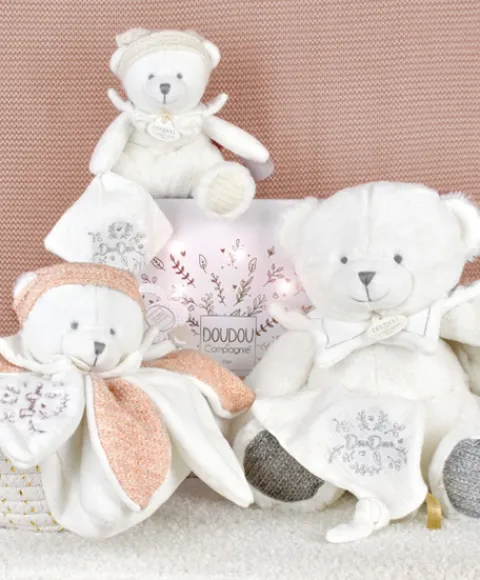 Doudou et Compagnie Ours en peluche Blanc attache-sucette - 20 cm - Collection Anniversaire> Doudou Attache-Sucette|Peluche Avec Doudou