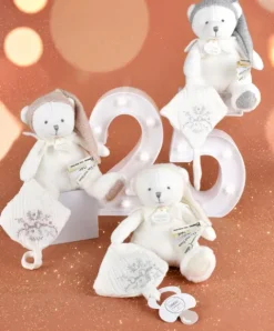 Doudou et Compagnie Ours en peluche Gris attache-sucette - 20 cm - Collection Anniversaire><noscript><img width=