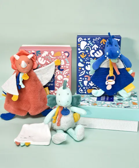 Doudou et Compagnie Peluche de dinosaure vert avec doudou - Filou - 25 cm> Peluche Avec Doudou