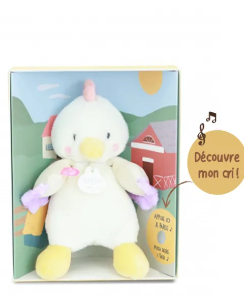 Doudou et Compagnie Peluche poule - 17 cm - DOUDOU de la ferme avec boite sonore> Peluches