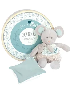 Doudou et Compagnie Souris en peluche grise avec mouchoir vert en coton BIO - 22 cm> Doudou Mouchoir|Doudous En Coton Bio