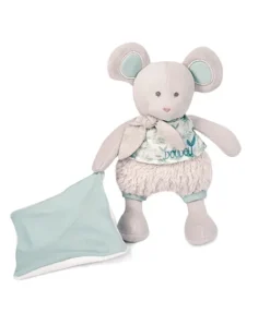 Doudou et Compagnie Souris en peluche grise avec mouchoir vert en coton BIO - 22 cm><noscript><img width=
